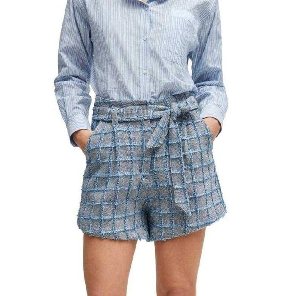 Boss Womens/Ladies Teofila Plaid Paperbag Shorts / Gray/Blue
